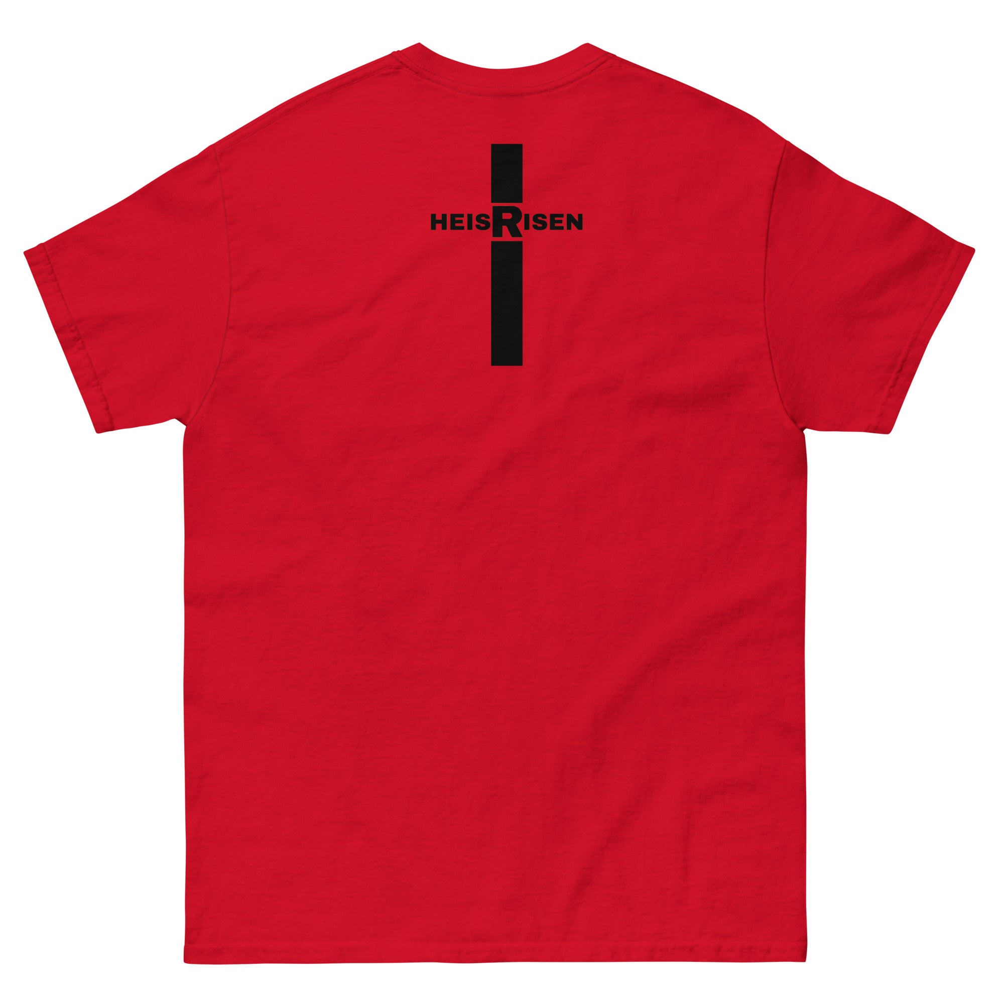 Red Christian resurrection T‑shirt with HE IS RISEN design inspired by 1 Peter 1:3.
