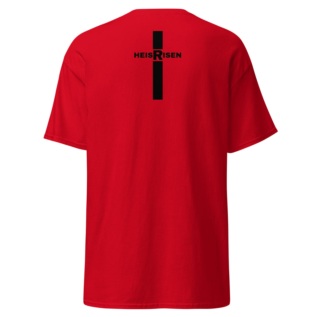 “Red Christian resurrection T‑shirt with HE IS RISEN design inspired by 1 Peter 1:3.”