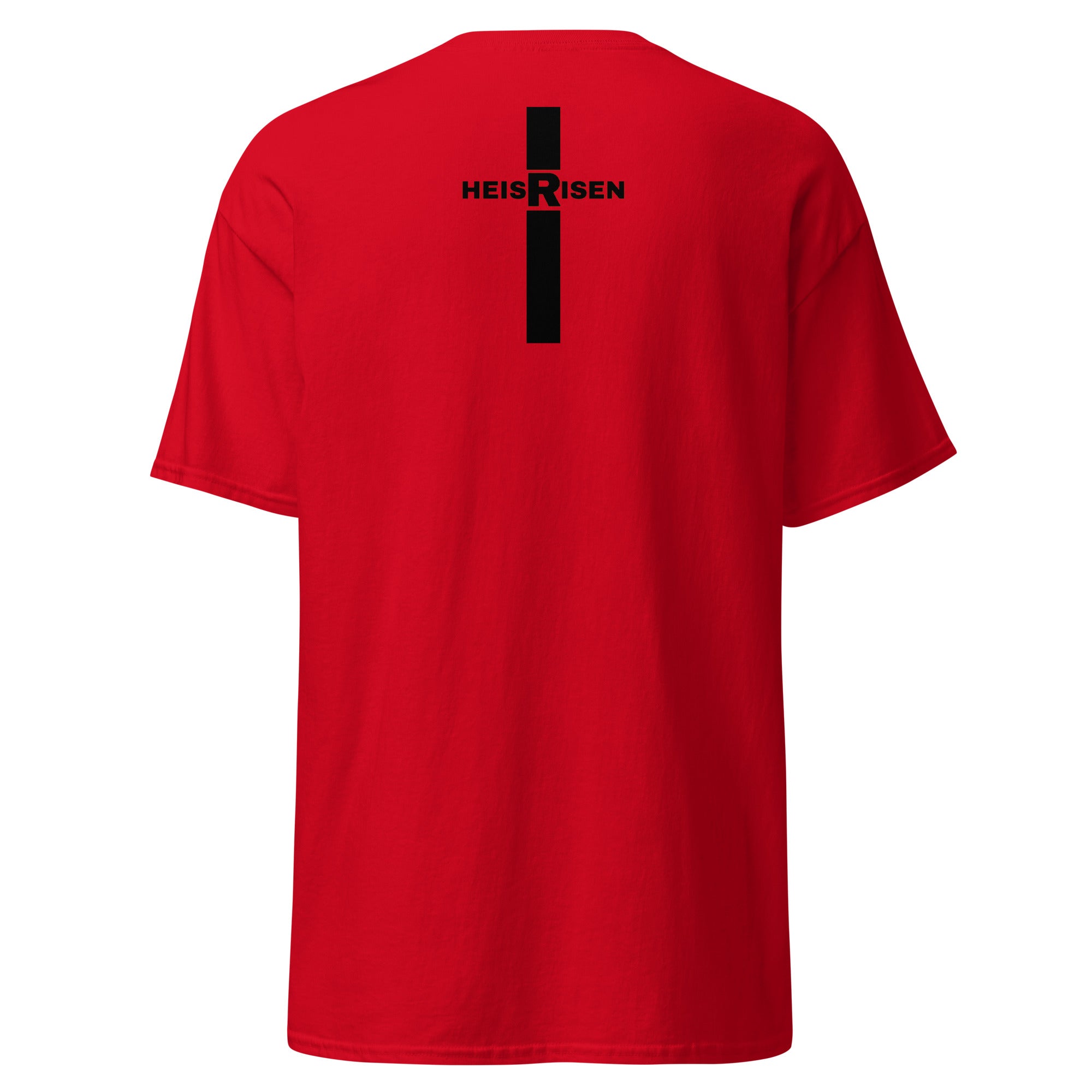 “Red Christian resurrection T‑shirt with HE IS RISEN design inspired by 1 Peter 1:3.”