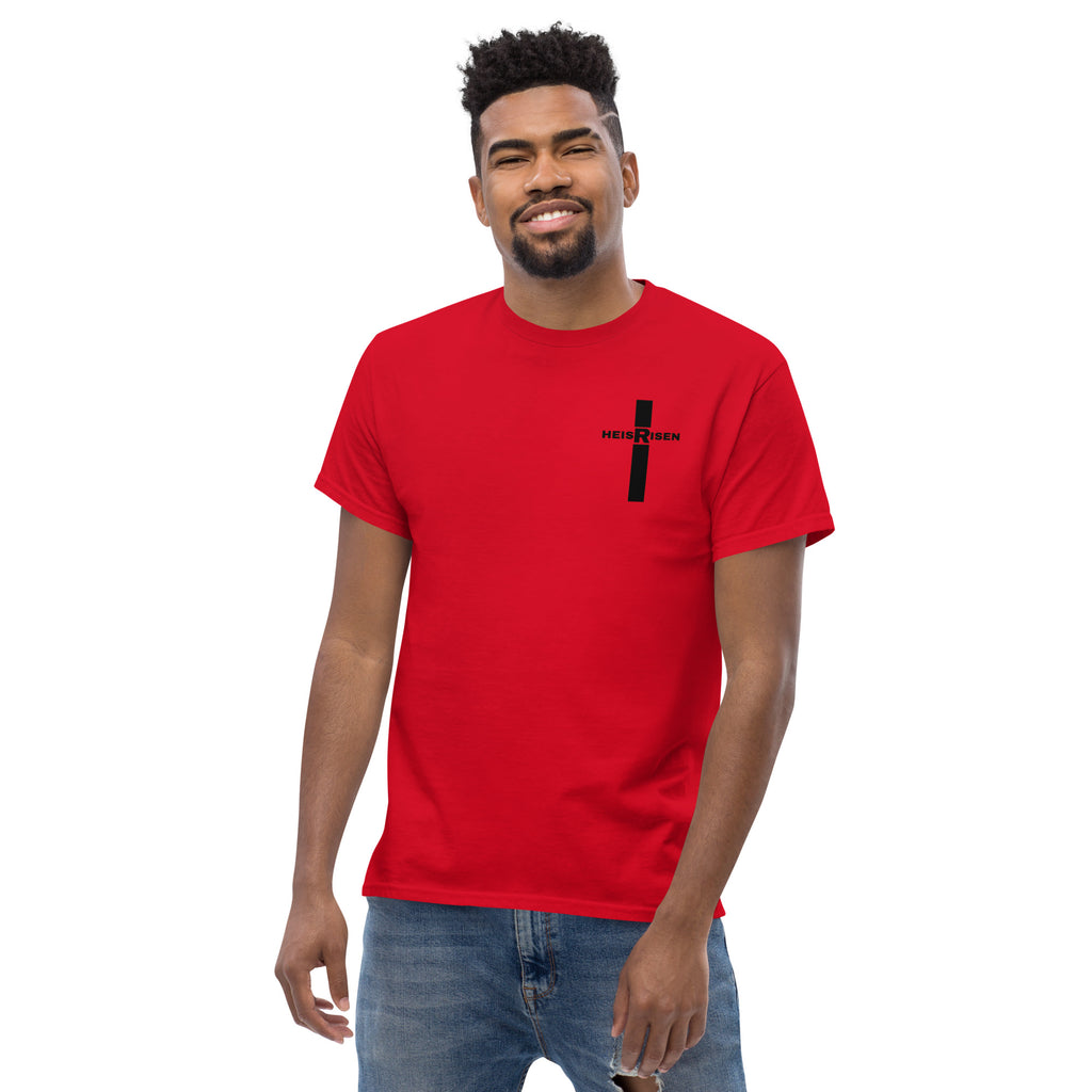 Red Christian resurrection T‑shirt with HE IS RISEN design inspired by 1 Peter 1:3.