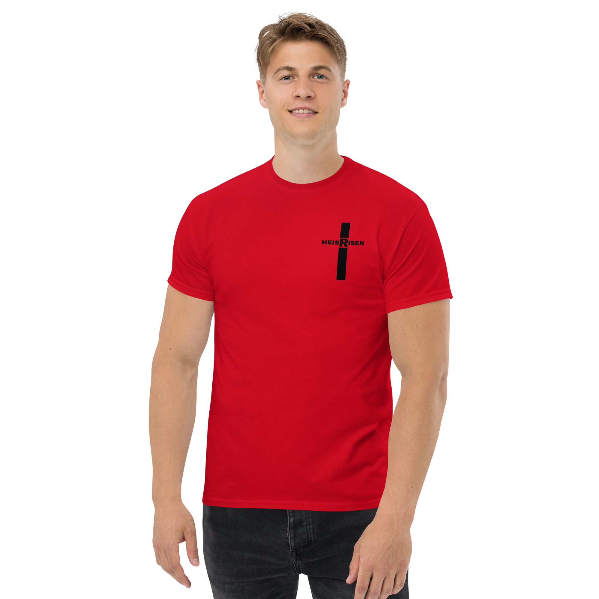 Red Christian resurrection T‑shirt with HE IS RISEN design inspired by 1 Peter 1:3.