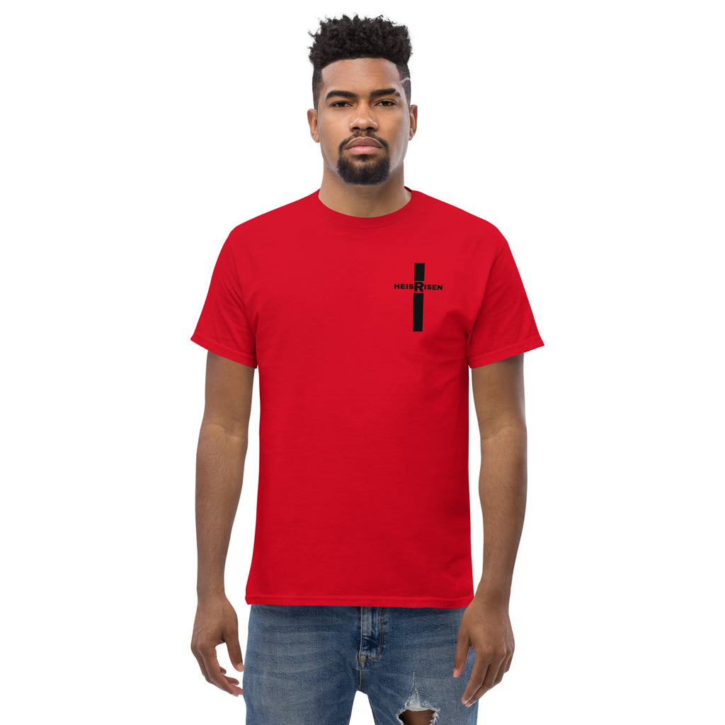 Red Christian resurrection T‑shirt with HE IS RISEN design inspired by 1 Peter 1:3.