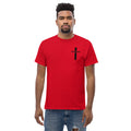 Red Christian resurrection T‑shirt with HE IS RISEN design inspired by 1 Peter 1:3.