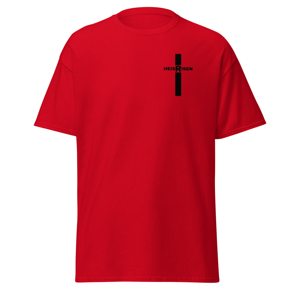 “Red Christian resurrection T‑shirt with HE IS RISEN design inspired by 1 Peter 1:3.”