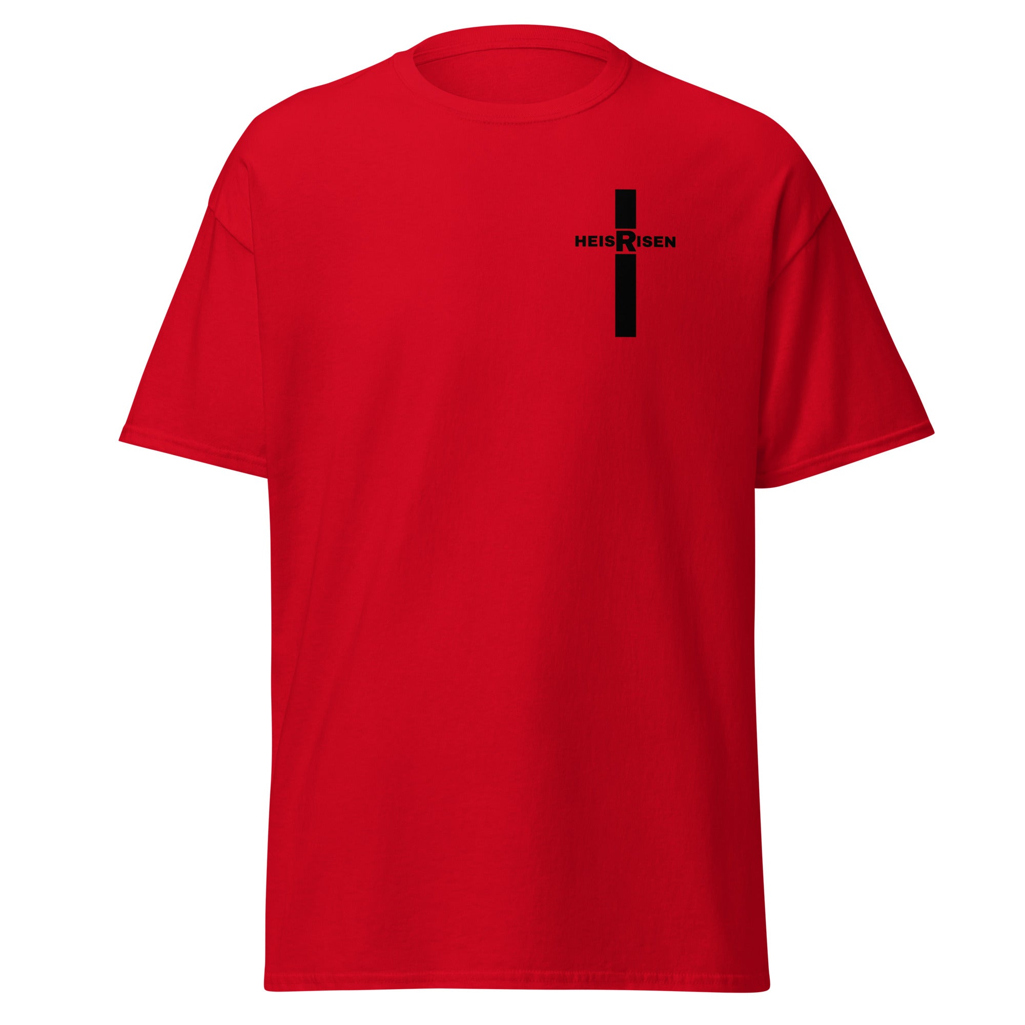 “Red Christian resurrection T‑shirt with HE IS RISEN design inspired by 1 Peter 1:3.”