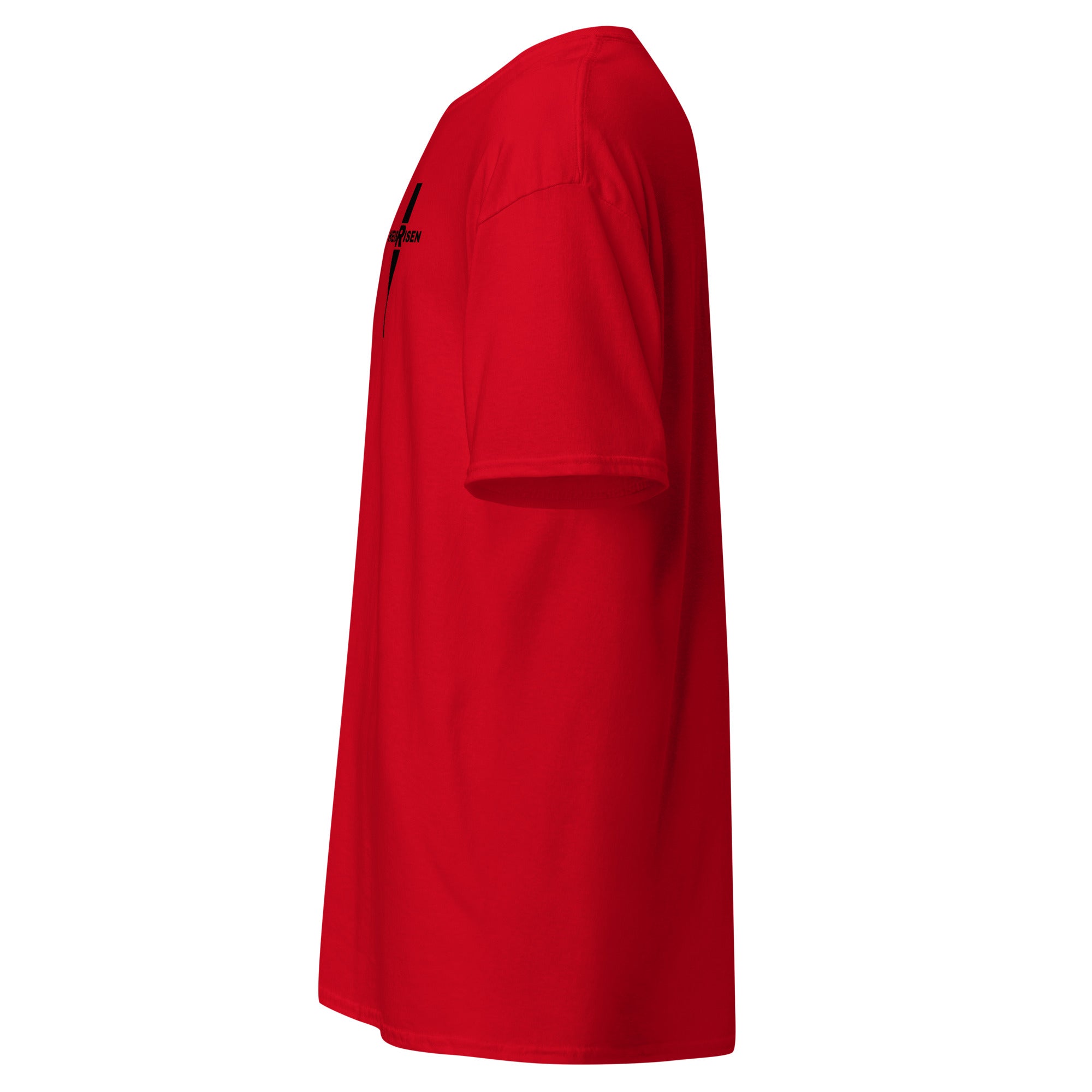 “Red Christian resurrection T‑shirt with HE IS RISEN design inspired by 1 Peter 1:3.”