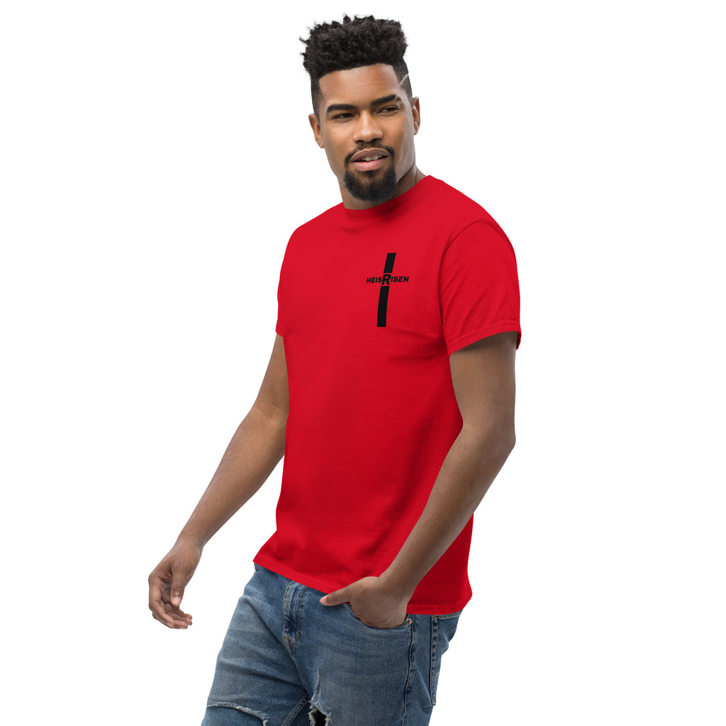 Red Christian resurrection T‑shirt with HE IS RISEN design inspired by 1 Peter 1:3.