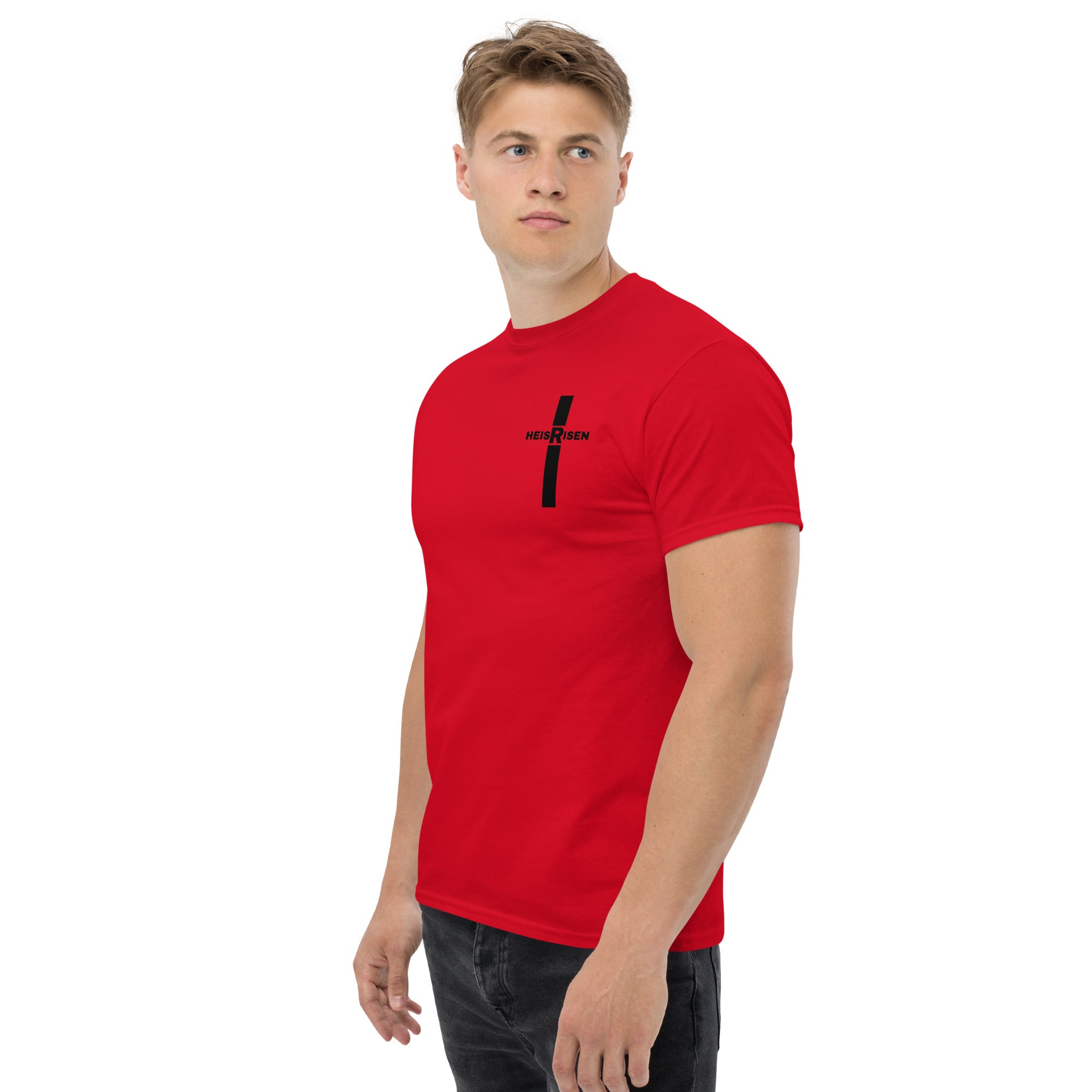 Red Christian resurrection T‑shirt with HE IS RISEN design inspired by 1 Peter 1:3.