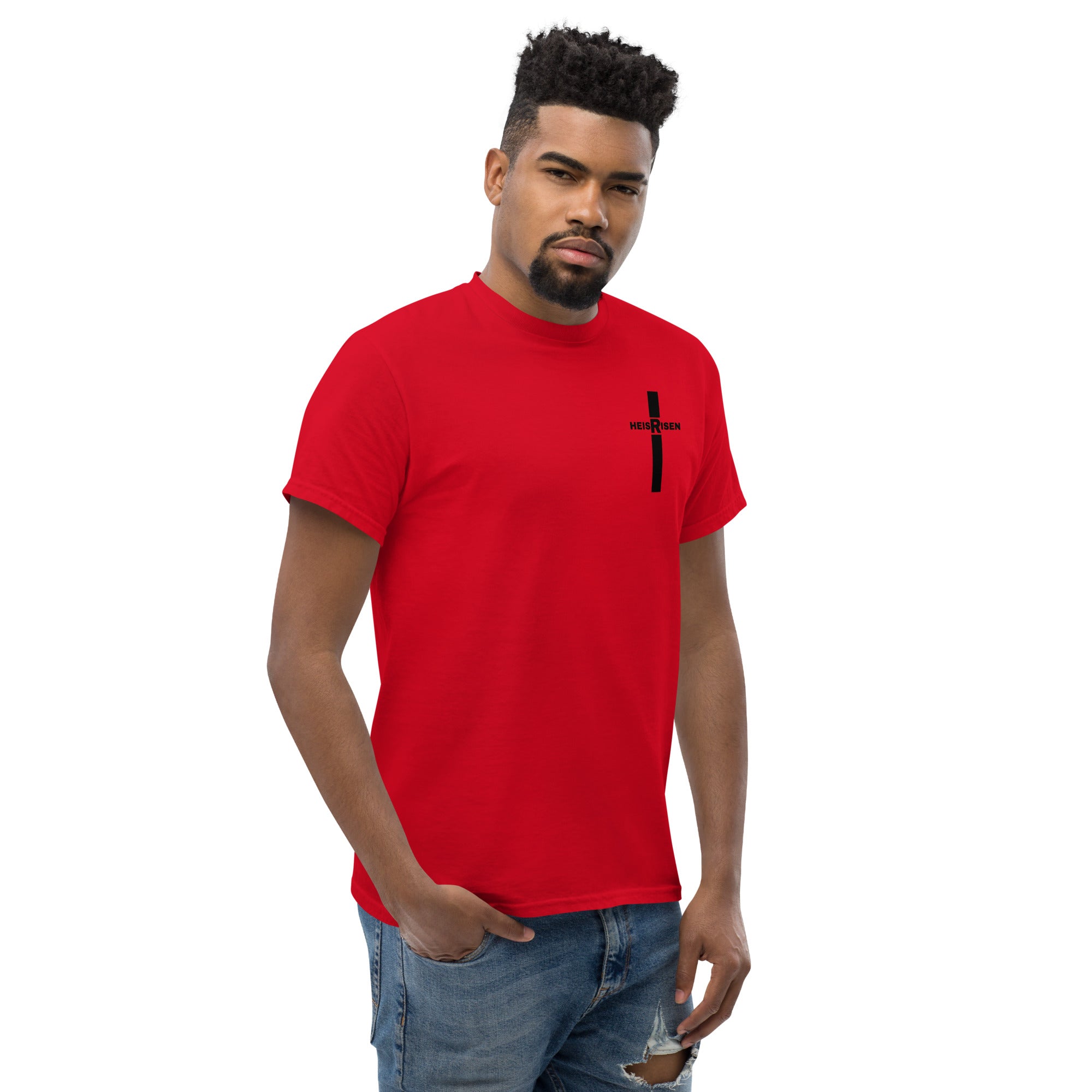 Red Christian resurrection T‑shirt with HE IS RISEN design inspired by 1 Peter 1:3.