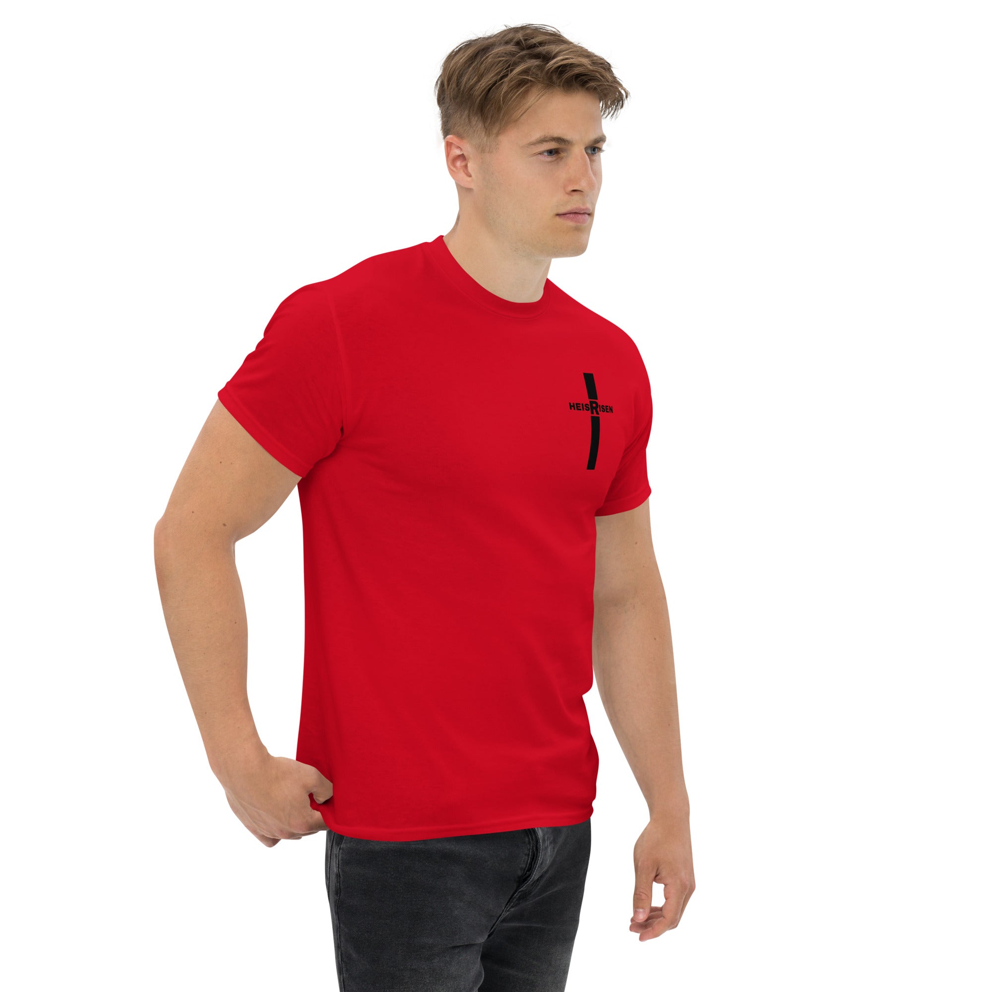 Red Christian resurrection T‑shirt with HE IS RISEN design inspired by 1 Peter 1:3.