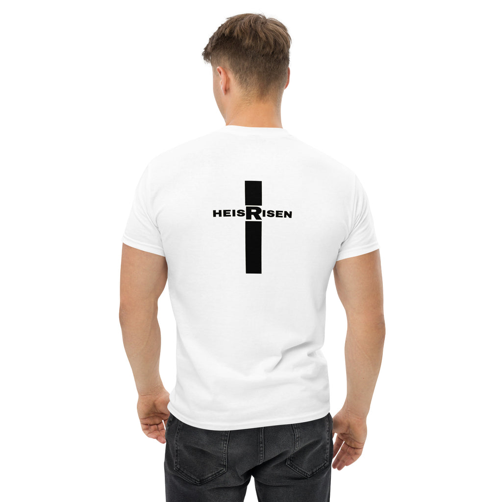 “Christian resurrection T‑shirt with HE IS RISEN design inspired by 1 Peter 1:3.”