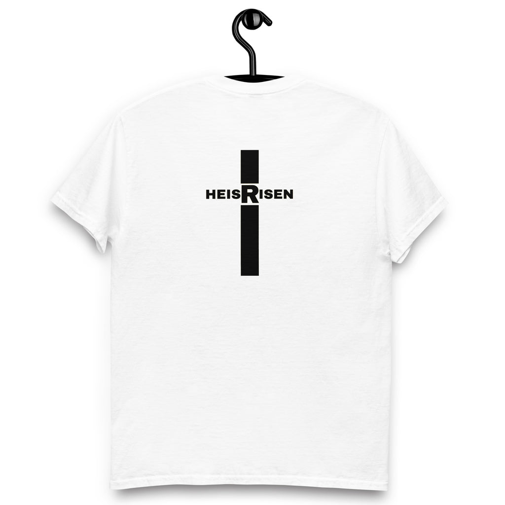 “Christian resurrection T‑shirt with HE IS RISEN design inspired by 1 Peter 1:3.”