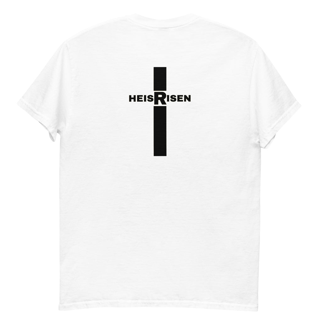 Christian Easter T‑shirt with “HE IS RISEN” design, inspired by 1 Peter 1:3 and celebrating the daily reality of Christ’s resurrection.