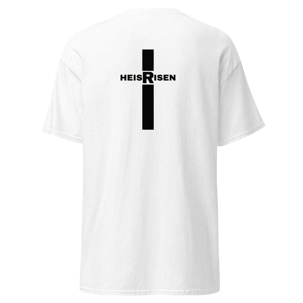 “Christian resurrection T‑shirt with HE IS RISEN design inspired by 1 Peter 1:3.”