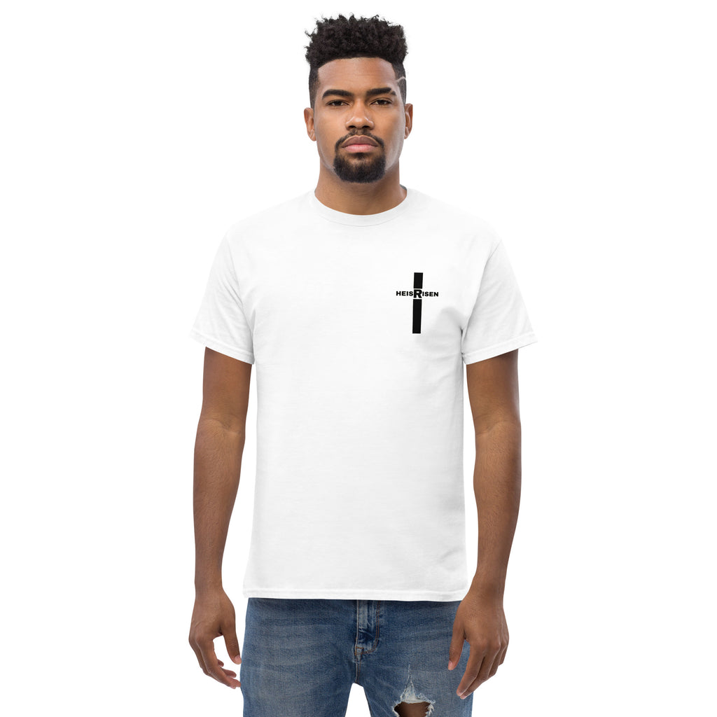 Christian Easter T‑shirt with “HE IS RISEN” design, inspired by 1 Peter 1:3 and celebrating the daily reality of Christ’s resurrection.