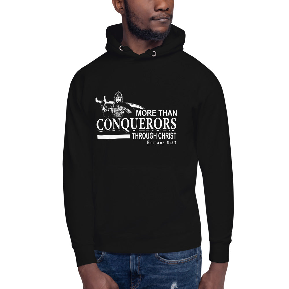 Christian streetwear hoodie inspired by Romans 8:37 — More Than Conquerors.