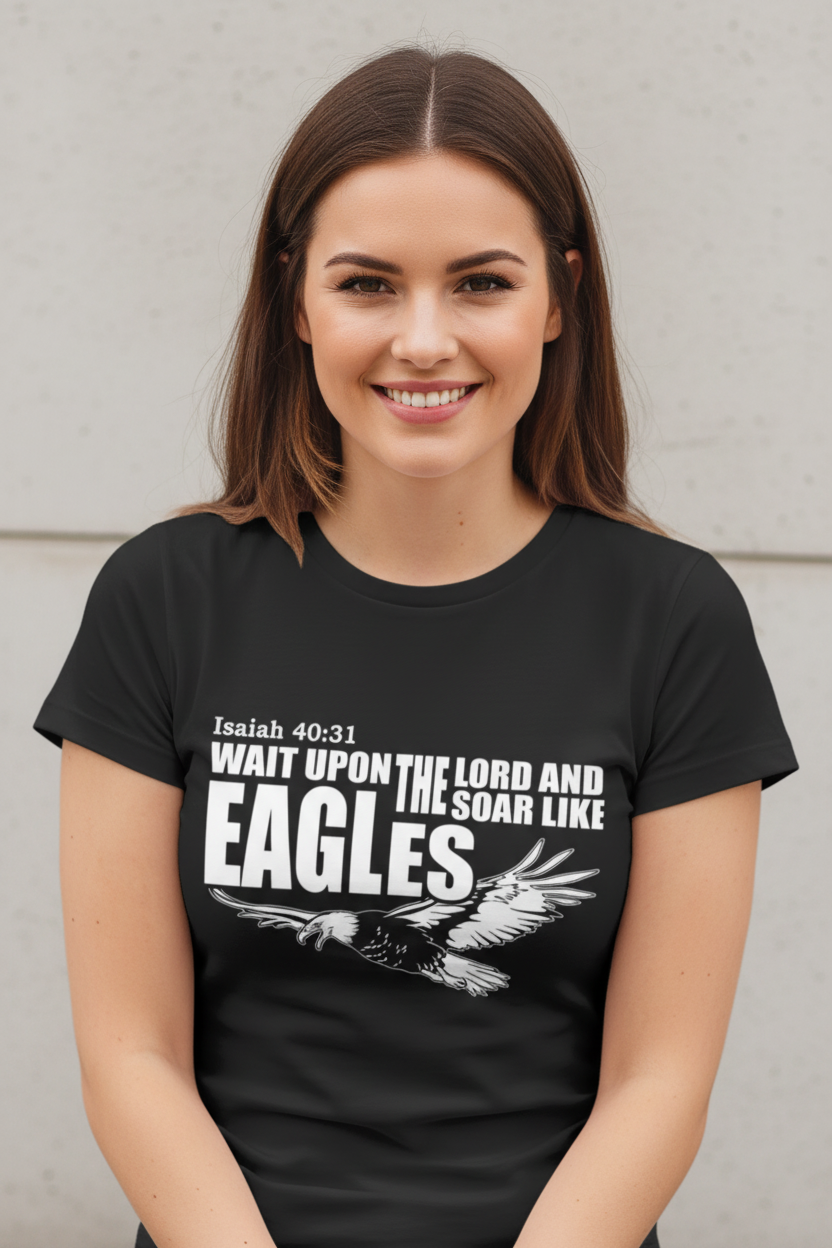Black women’s Isaiah 40:31 Christian T‑shirt — Wait on the Lord Strength Renewed.