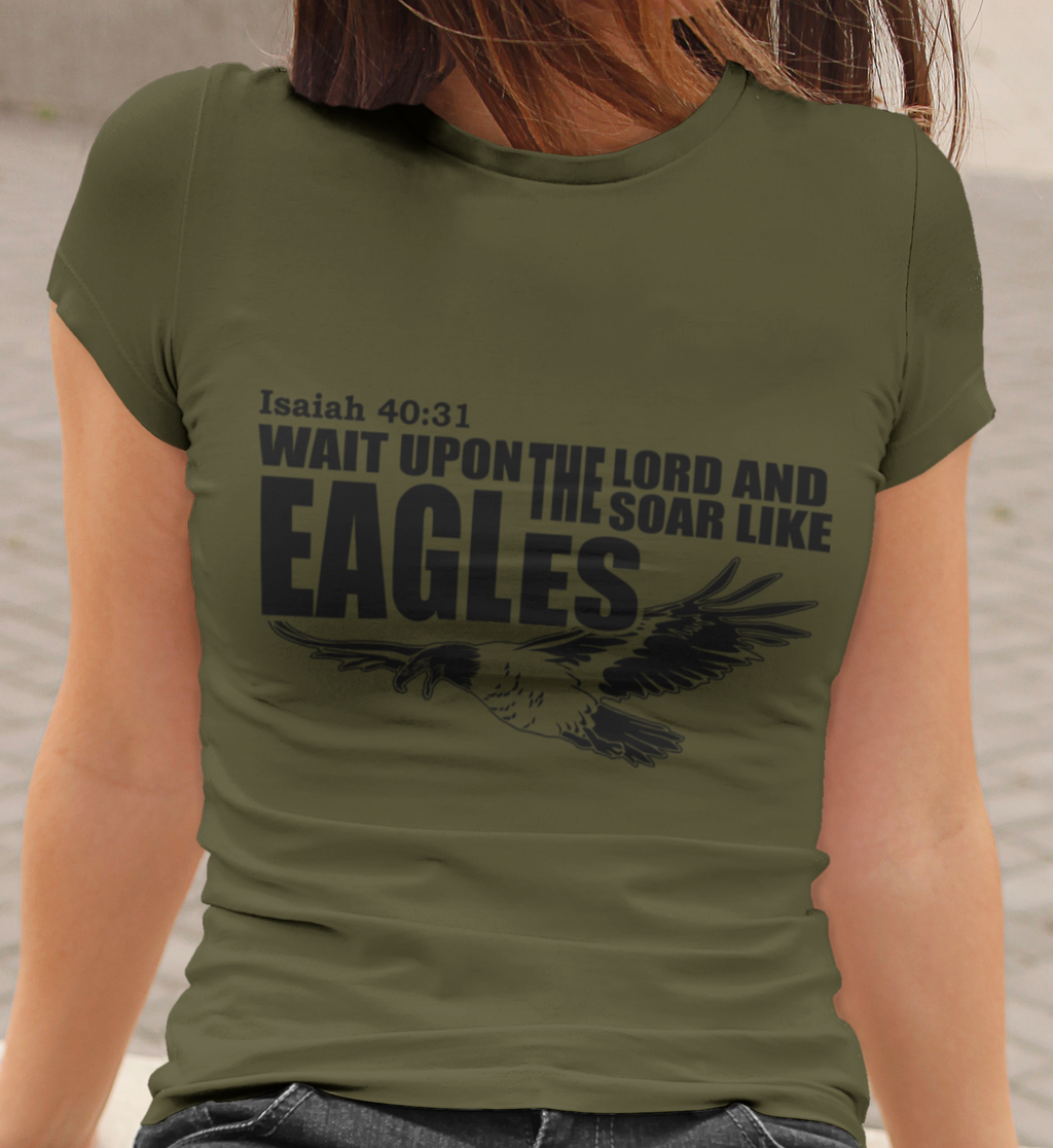 Women’s army green Isaiah 40:31 Christian T‑shirt — Wait on the Lord.