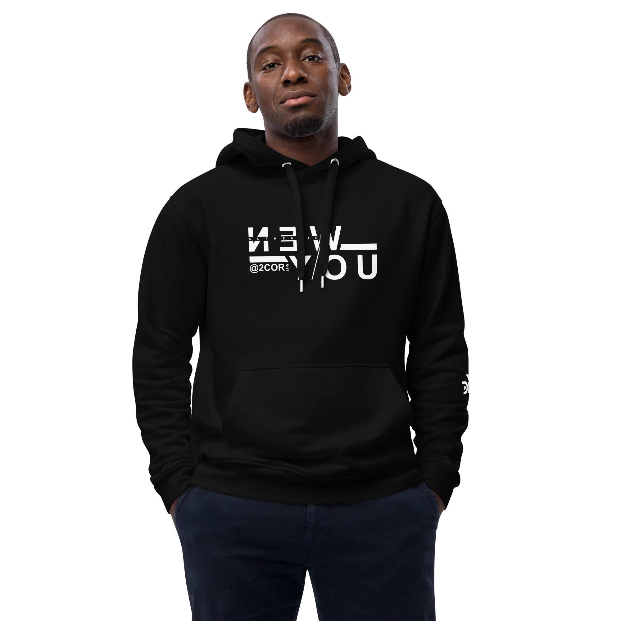 2 Corinthians 5:17 eco hoodie made from organic cotton and recycled polyester, Christian streetwear design by DKINGDOMFASHIONS.