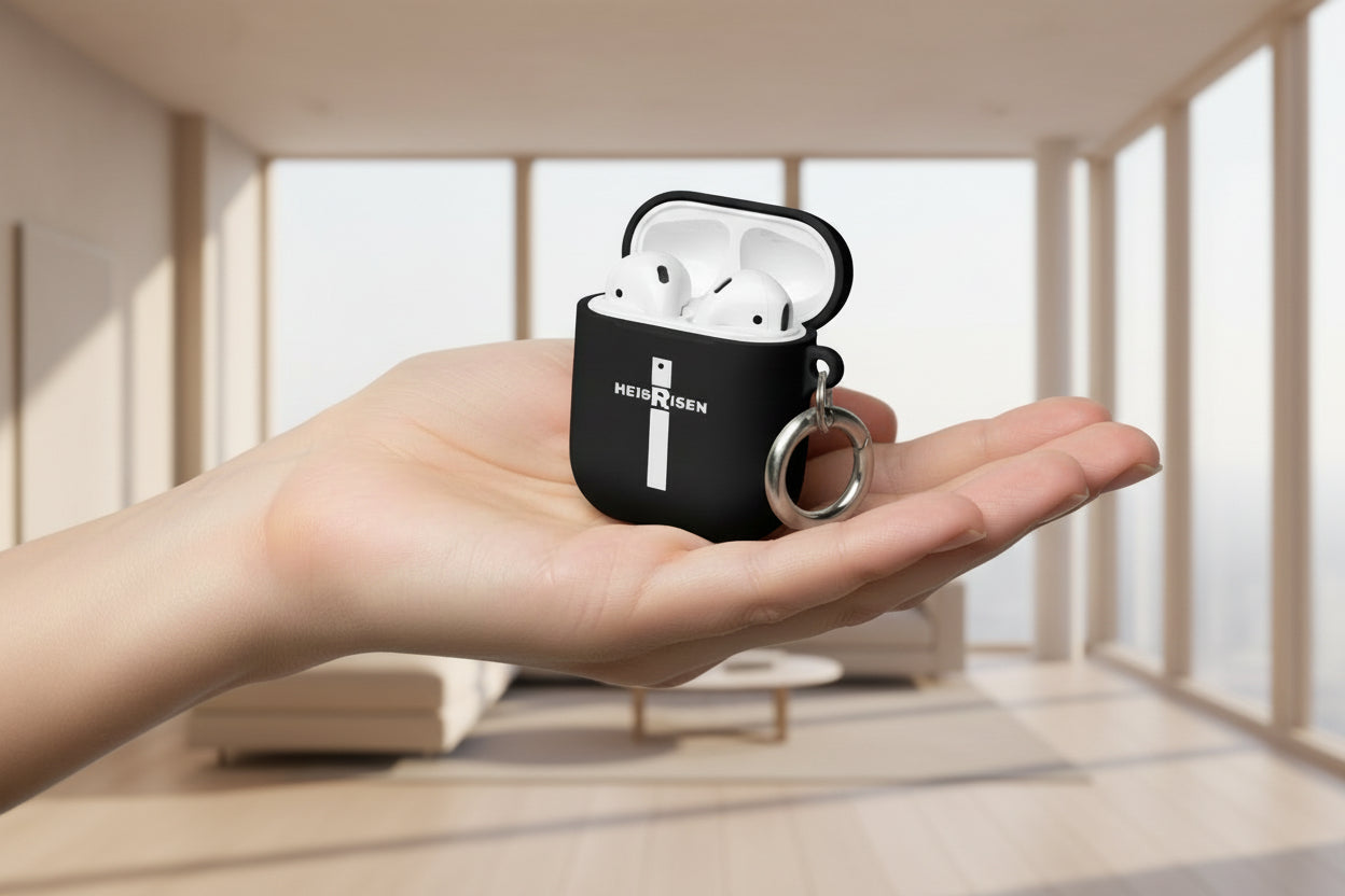 HE IS RISEN Christian AirPods case with carabiner.