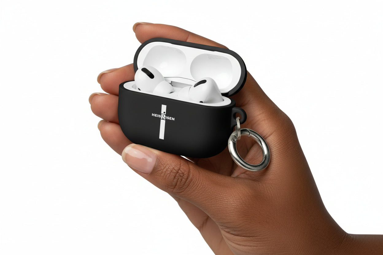 HE IS RISEN Christian AirPods case with carabiner.