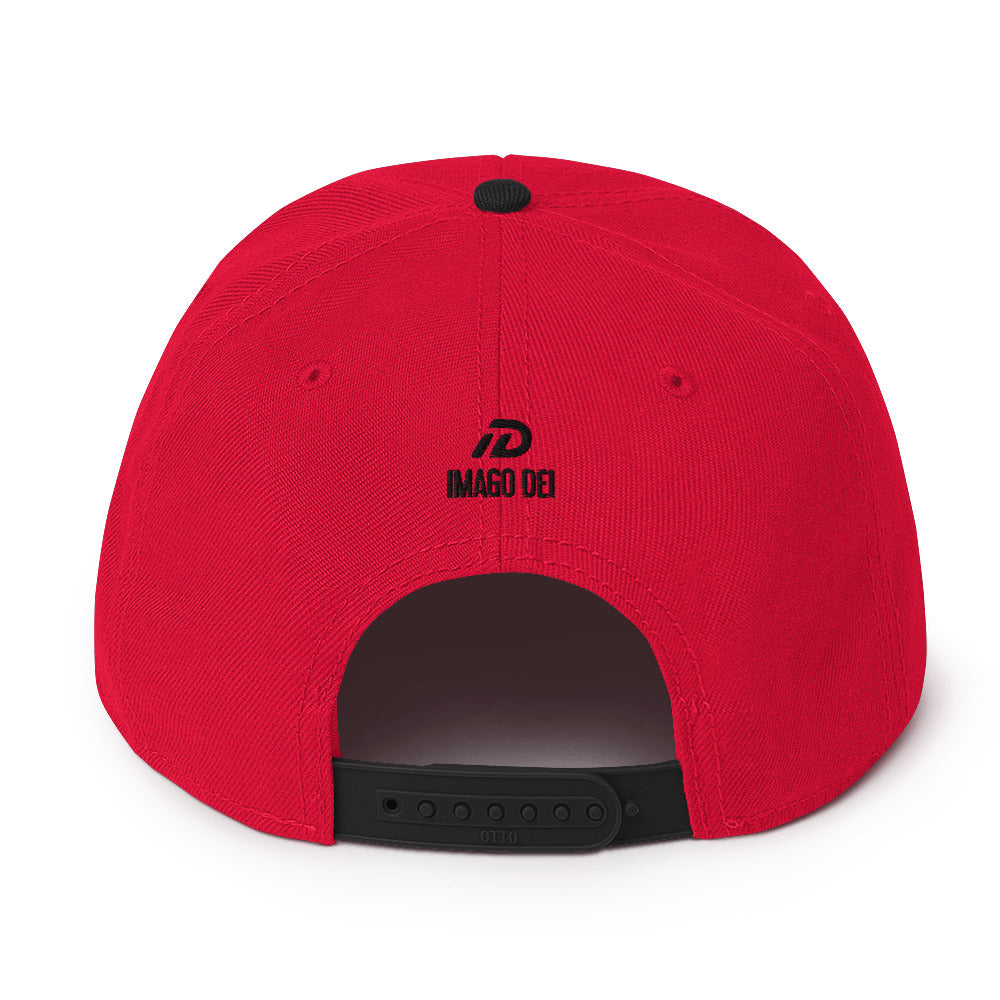 Black and red IMAGO DEI snapback hat with red embroidery — Christian streetwear.