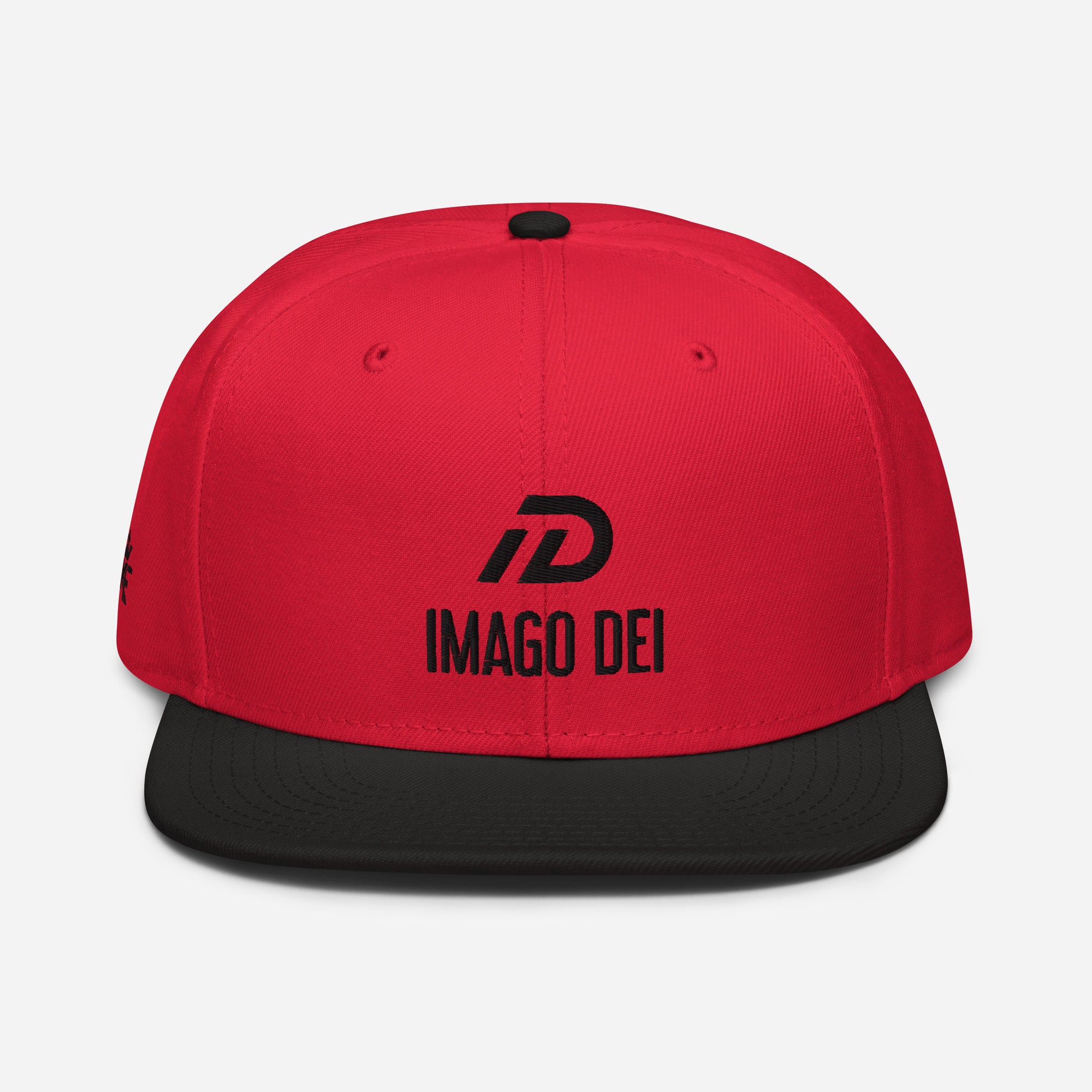 Black and red IMAGO DEI snapback hat with red embroidery — Christian streetwear.