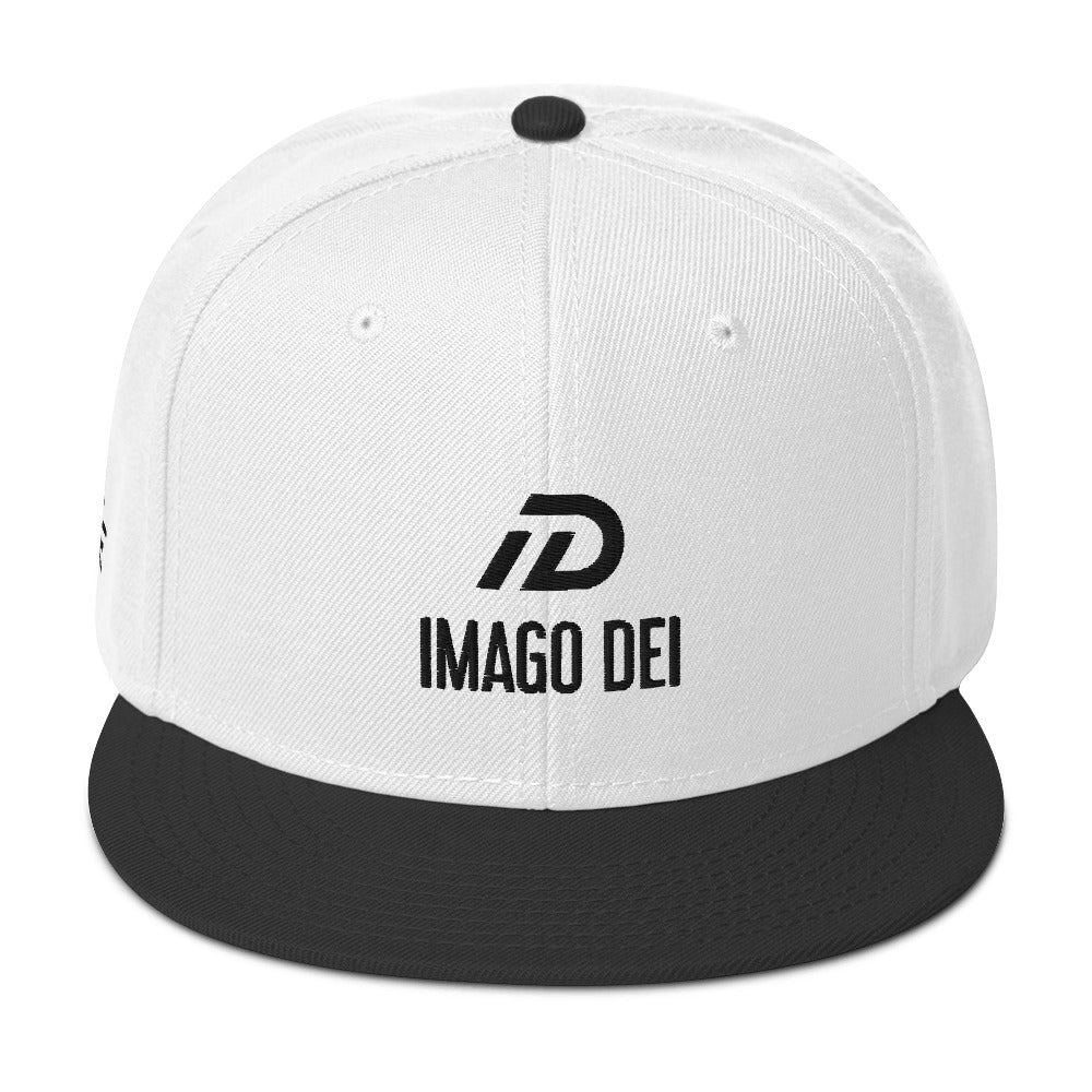Black and white IMAGO DEI snapback hat with white embroidery — DKINGDOMFASHIONS.