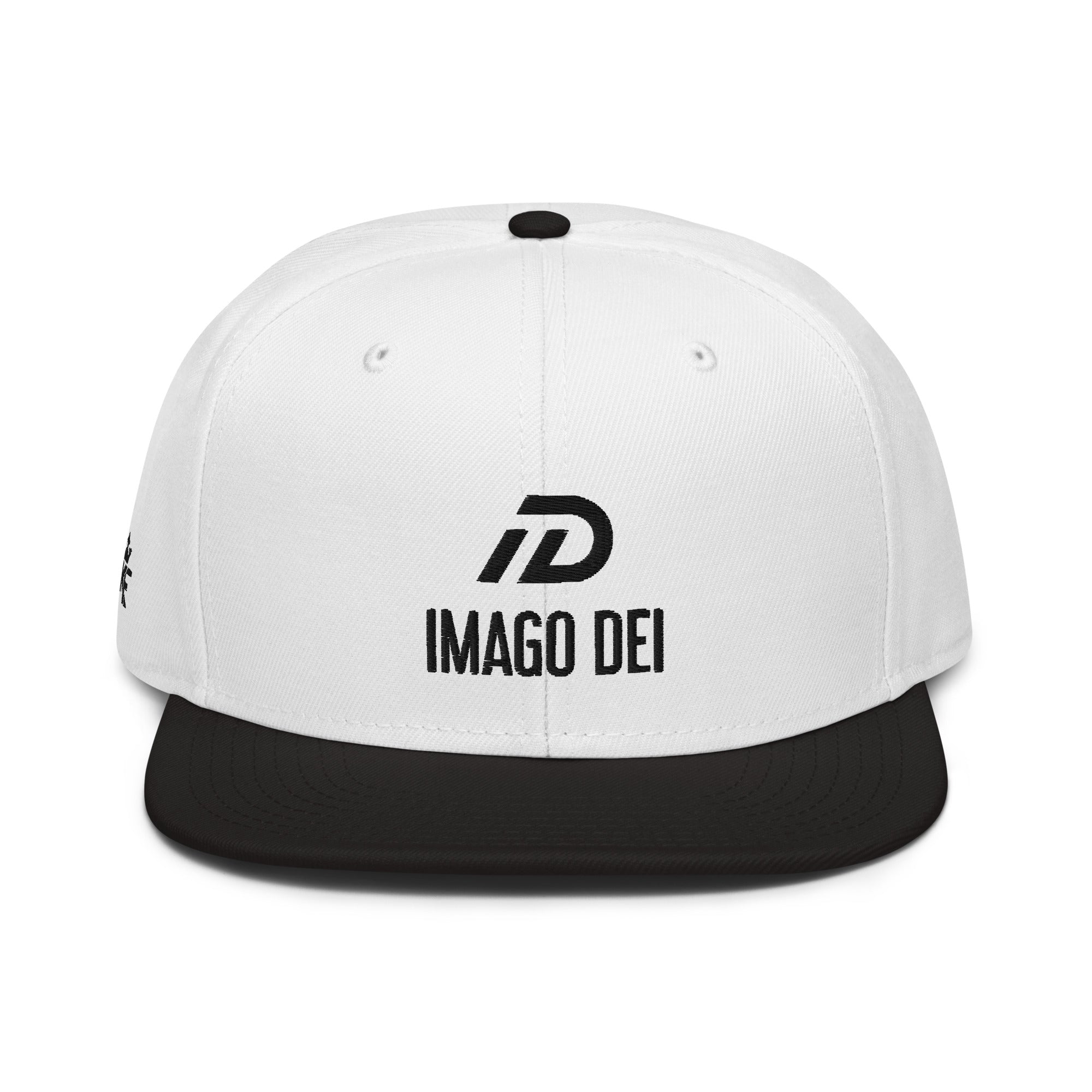 Black and white IMAGO DEI snapback hat with white embroidery — DKINGDOMFASHIONS.