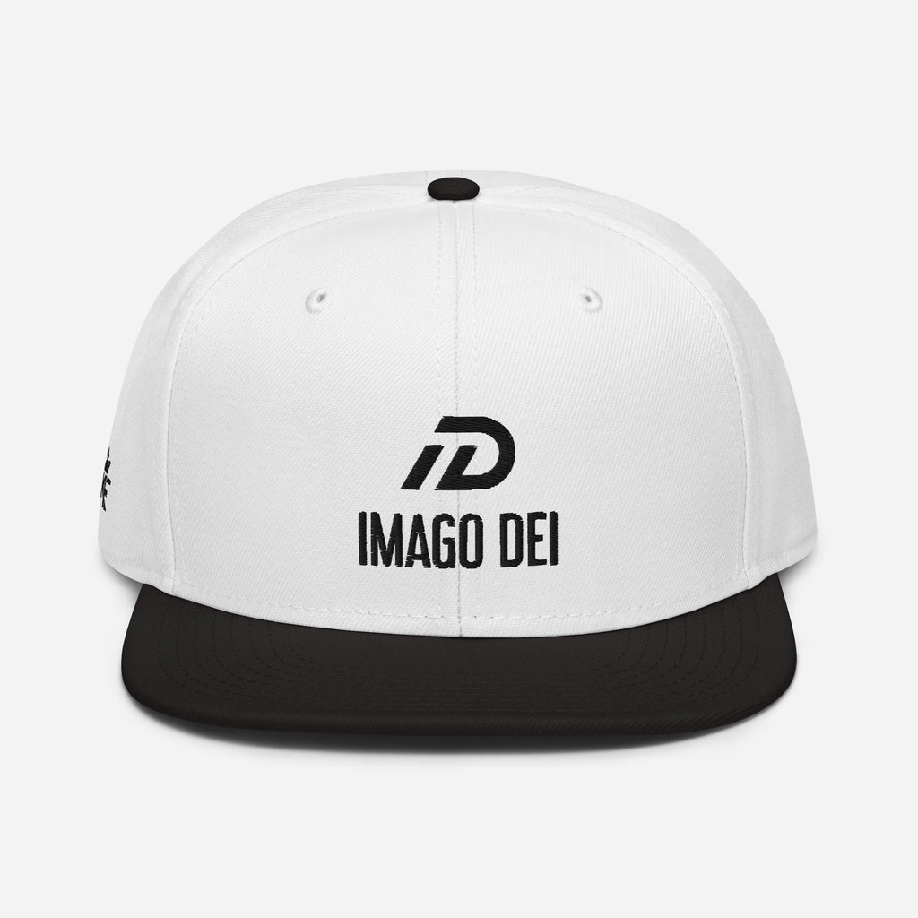Black and white IMAGO DEI snapback hat with white embroidery — DKINGDOMFASHIONS.