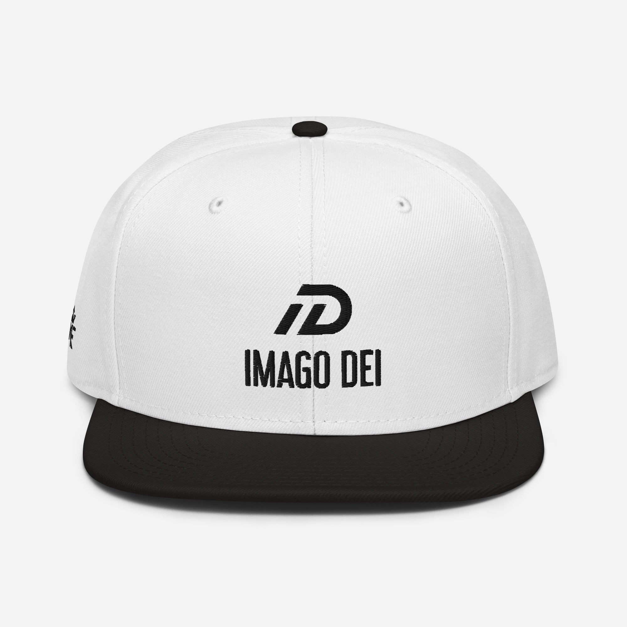 Black and white IMAGO DEI snapback hat with white embroidery — DKINGDOMFASHIONS.