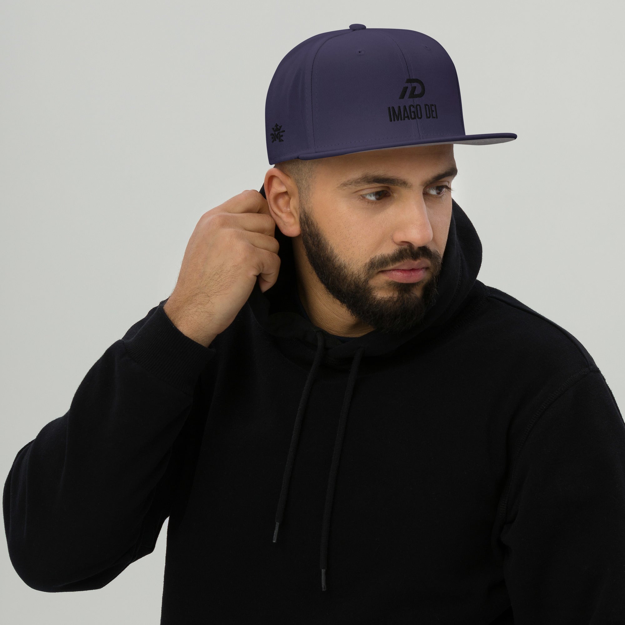 Navy blue IMAGO DEI embroidered snapback hat — DKINGDOMFASHIONS.