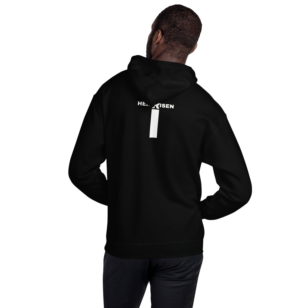 Black men’s Christian resurrection hoodie with He Is Risen and 1 Peter 1:3.