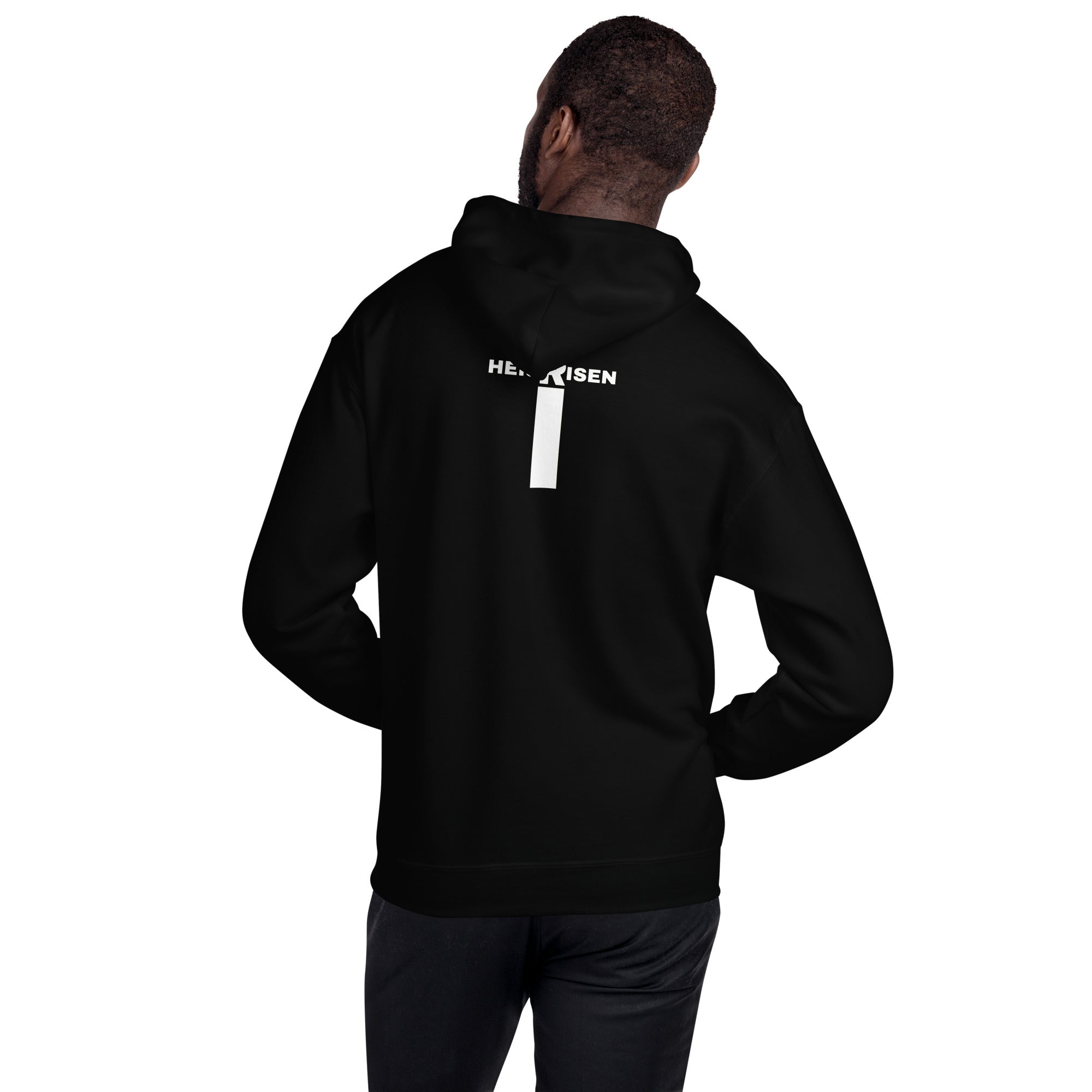 Black men’s Christian resurrection hoodie with He Is Risen and 1 Peter 1:3.