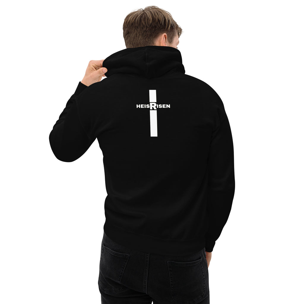 Black men’s Christian resurrection hoodie with He Is Risen and 1 Peter 1:3.
