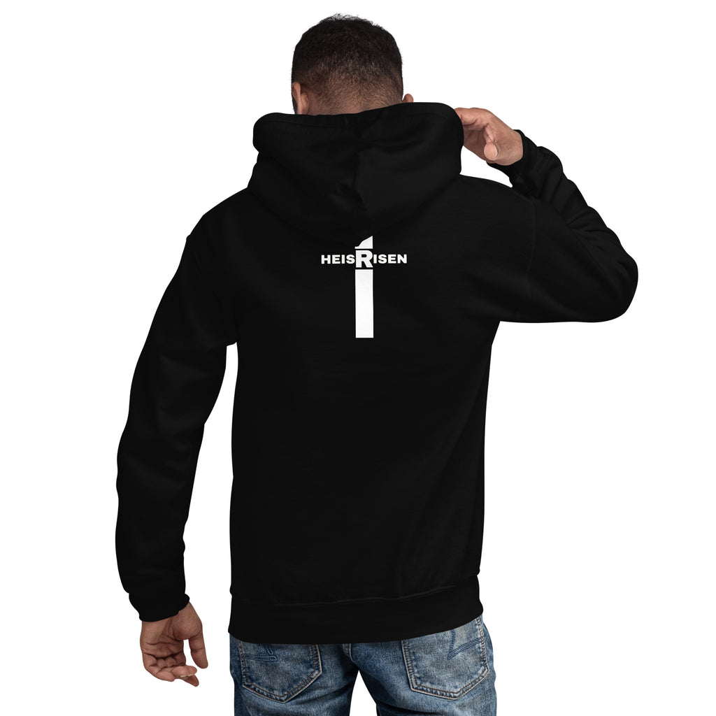 Black men’s Christian resurrection hoodie with He Is Risen and 1 Peter 1:3.