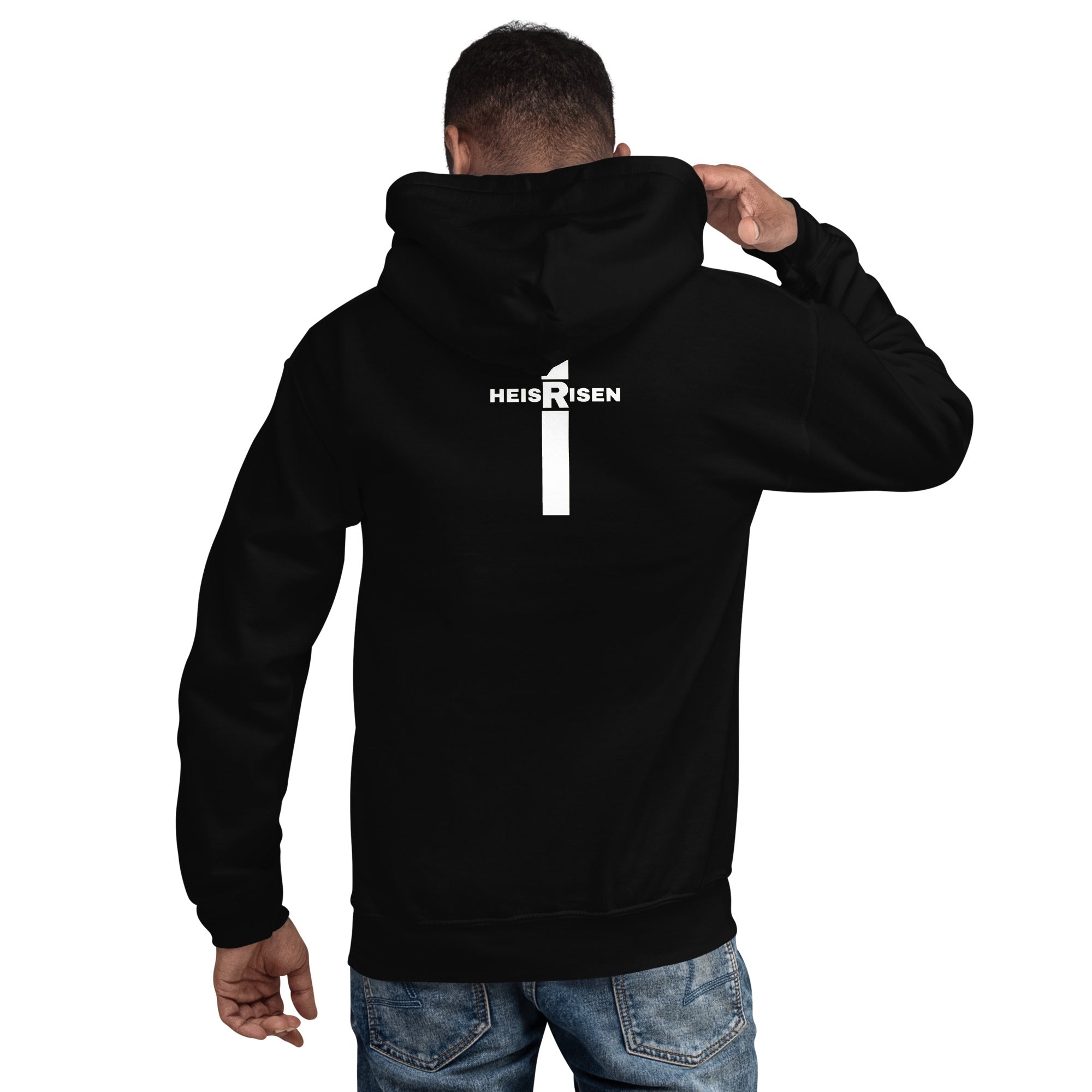 Black men’s Christian resurrection hoodie with He Is Risen and 1 Peter 1:3.