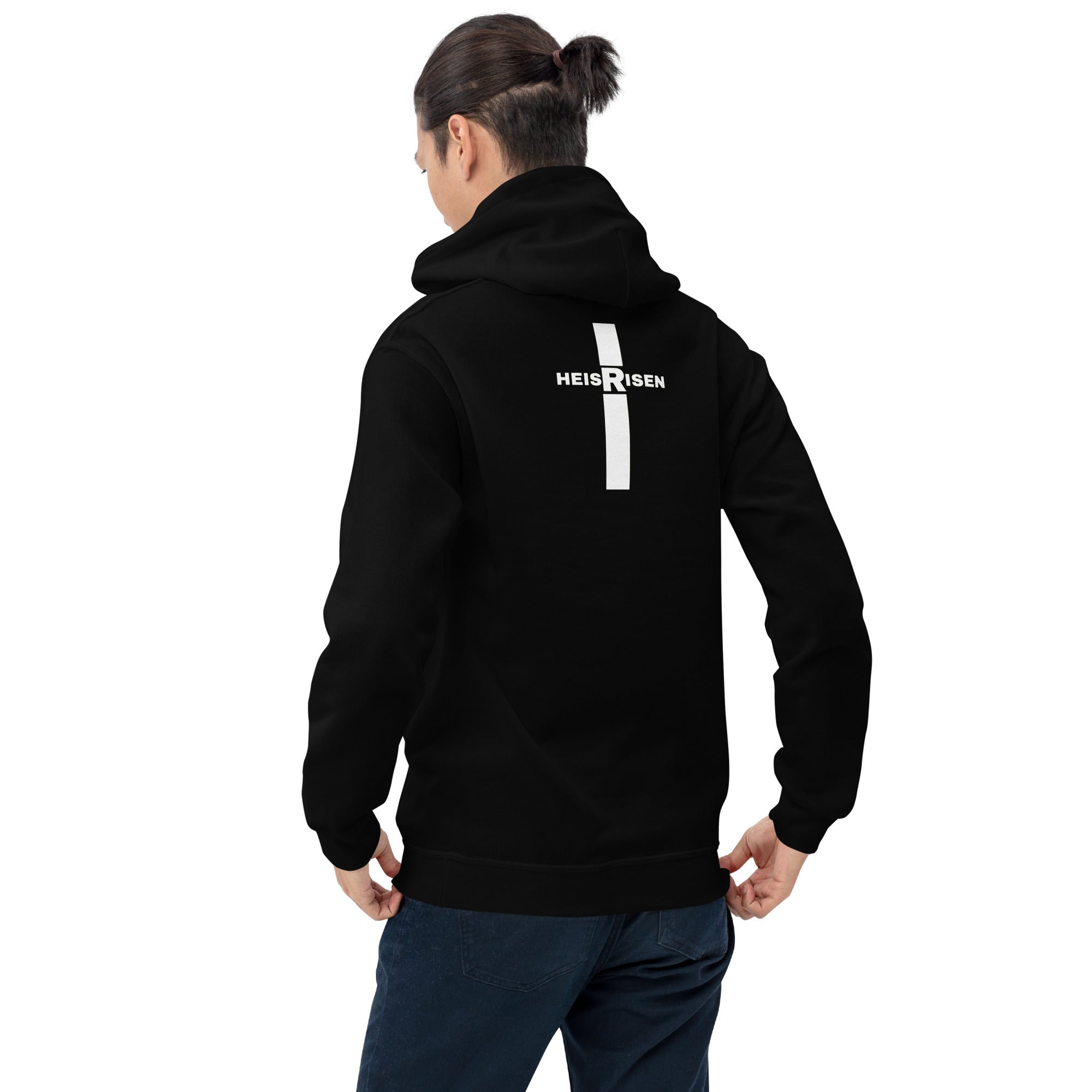 Black men’s Christian resurrection hoodie with He Is Risen and 1 Peter 1:3.