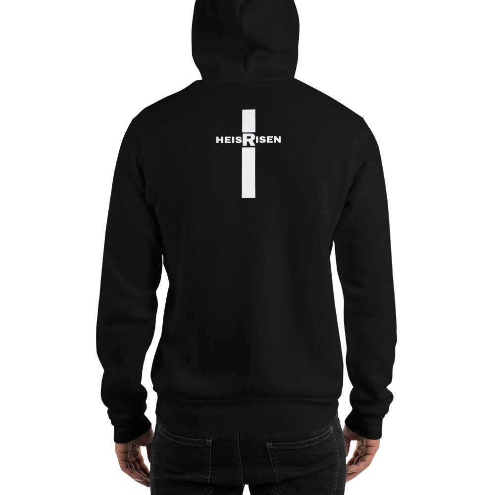 Black men’s Christian resurrection hoodie with He Is Risen and 1 Peter 1:3.