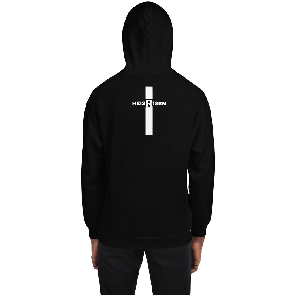 Black men’s Christian resurrection hoodie with He Is Risen and 1 Peter 1:3.