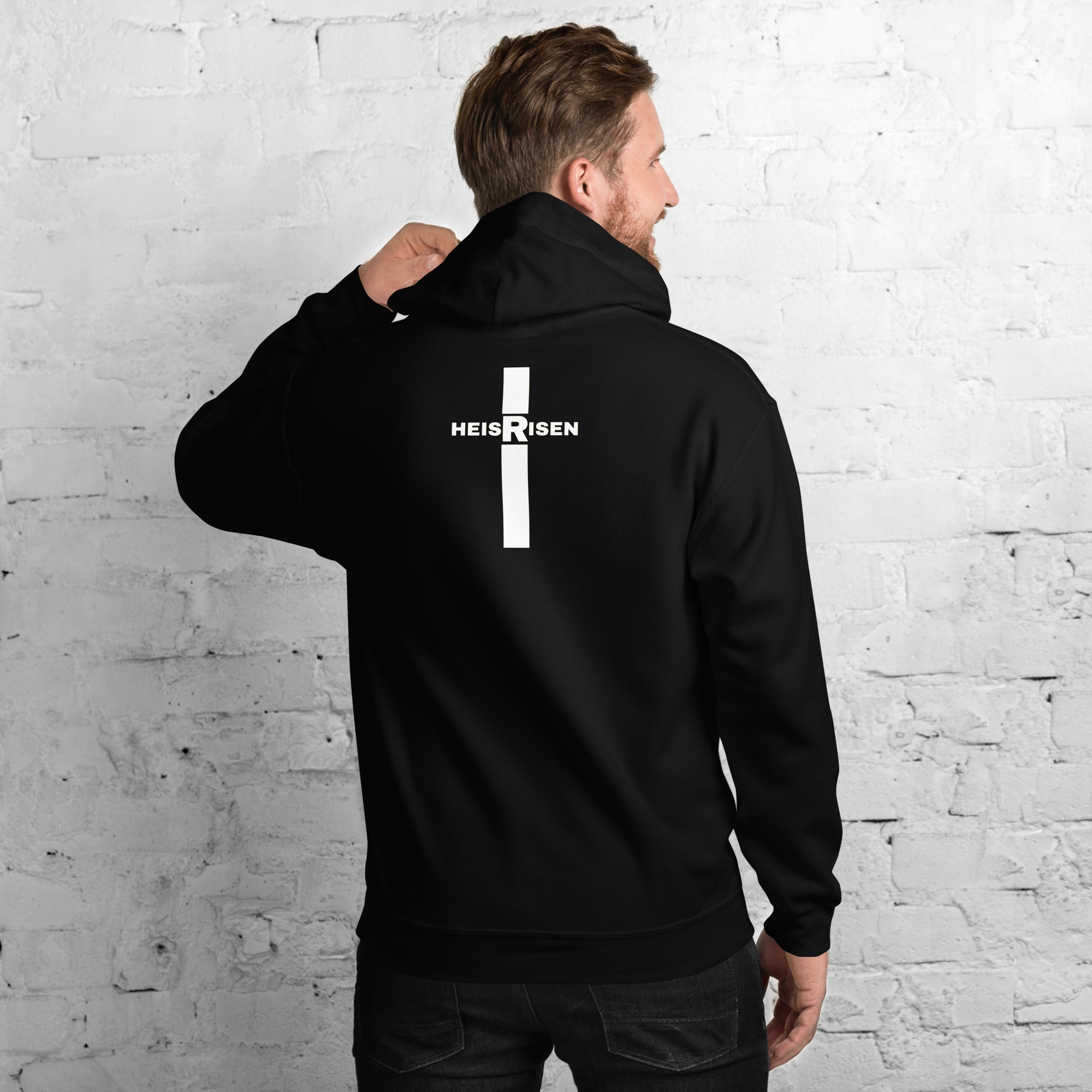 Black men’s Christian resurrection hoodie with He Is Risen and 1 Peter 1:3.