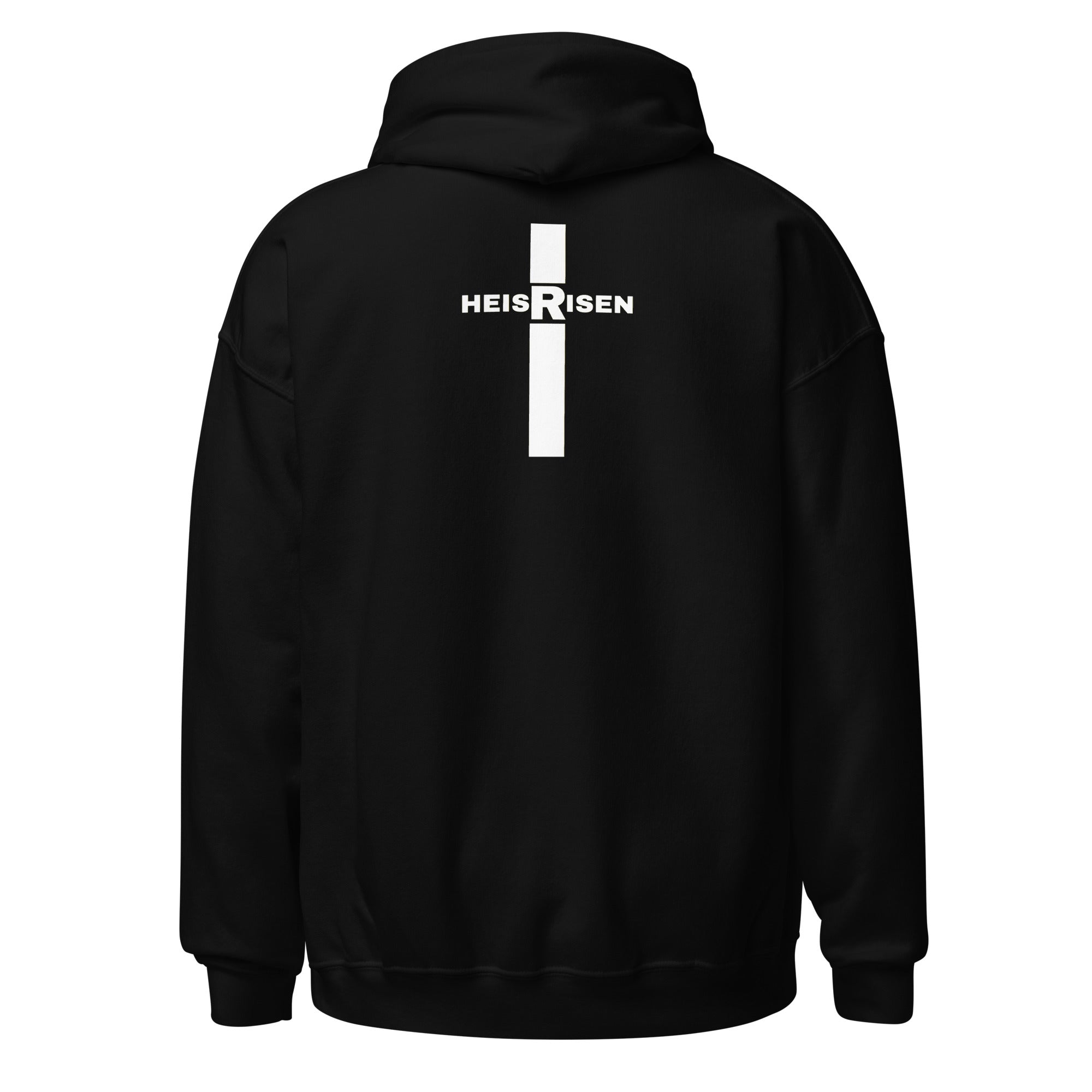 Black men’s Christian resurrection hoodie with He Is Risen and 1 Peter 1:3.