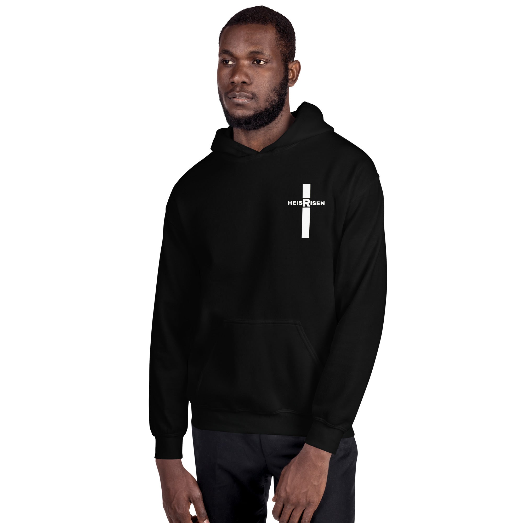 Black men’s Christian resurrection hoodie with He Is Risen and 1 Peter 1:3.