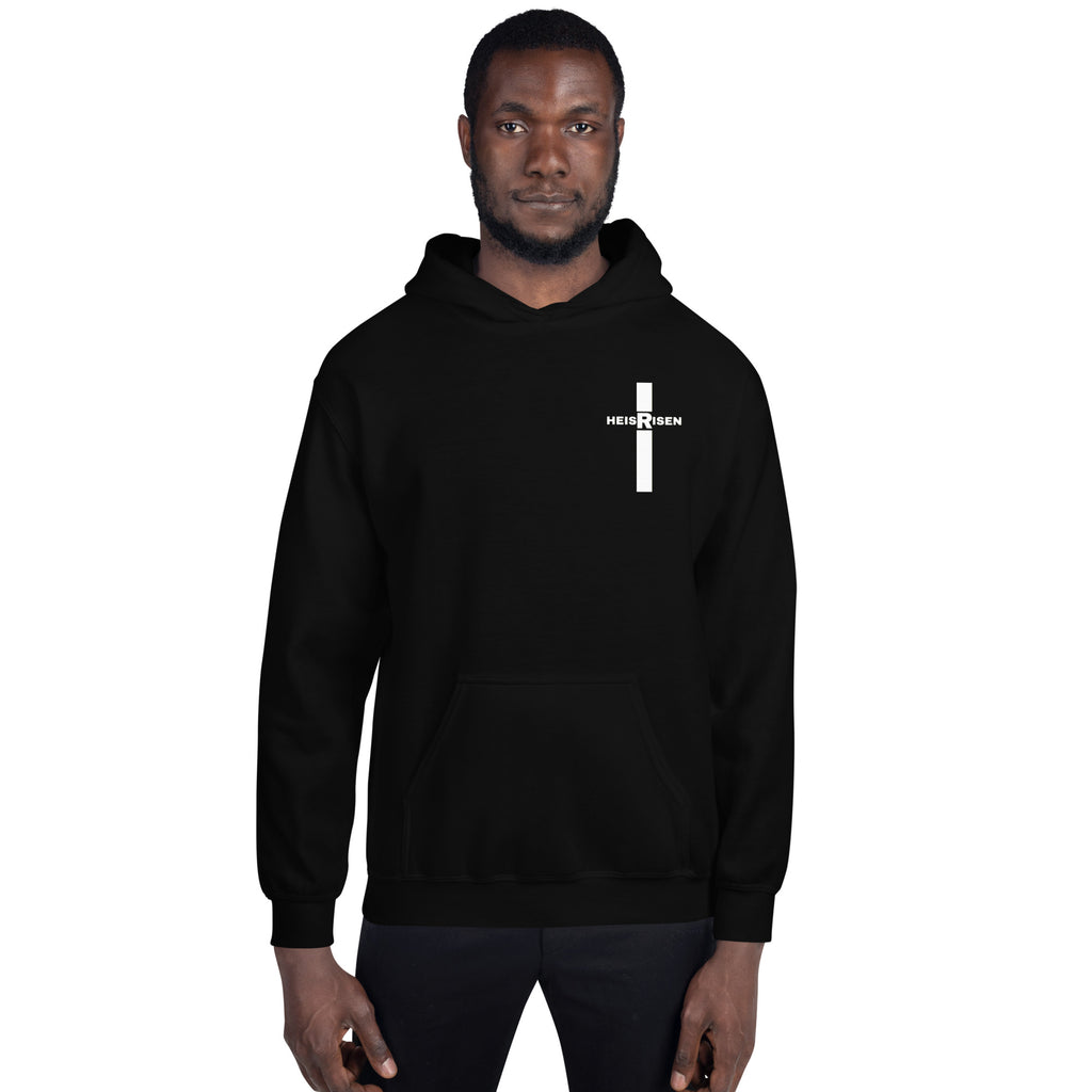 Black men’s Christian resurrection hoodie with He Is Risen and 1 Peter 1:3.