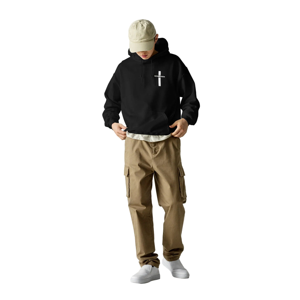 Black men’s Christian resurrection hoodie with He Is Risen and 1 Peter 1:3.