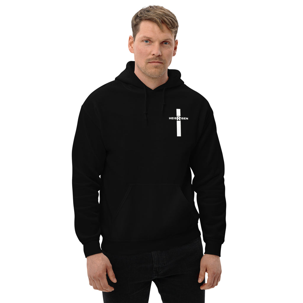 Black men’s Christian resurrection hoodie with He Is Risen and 1 Peter 1:3.