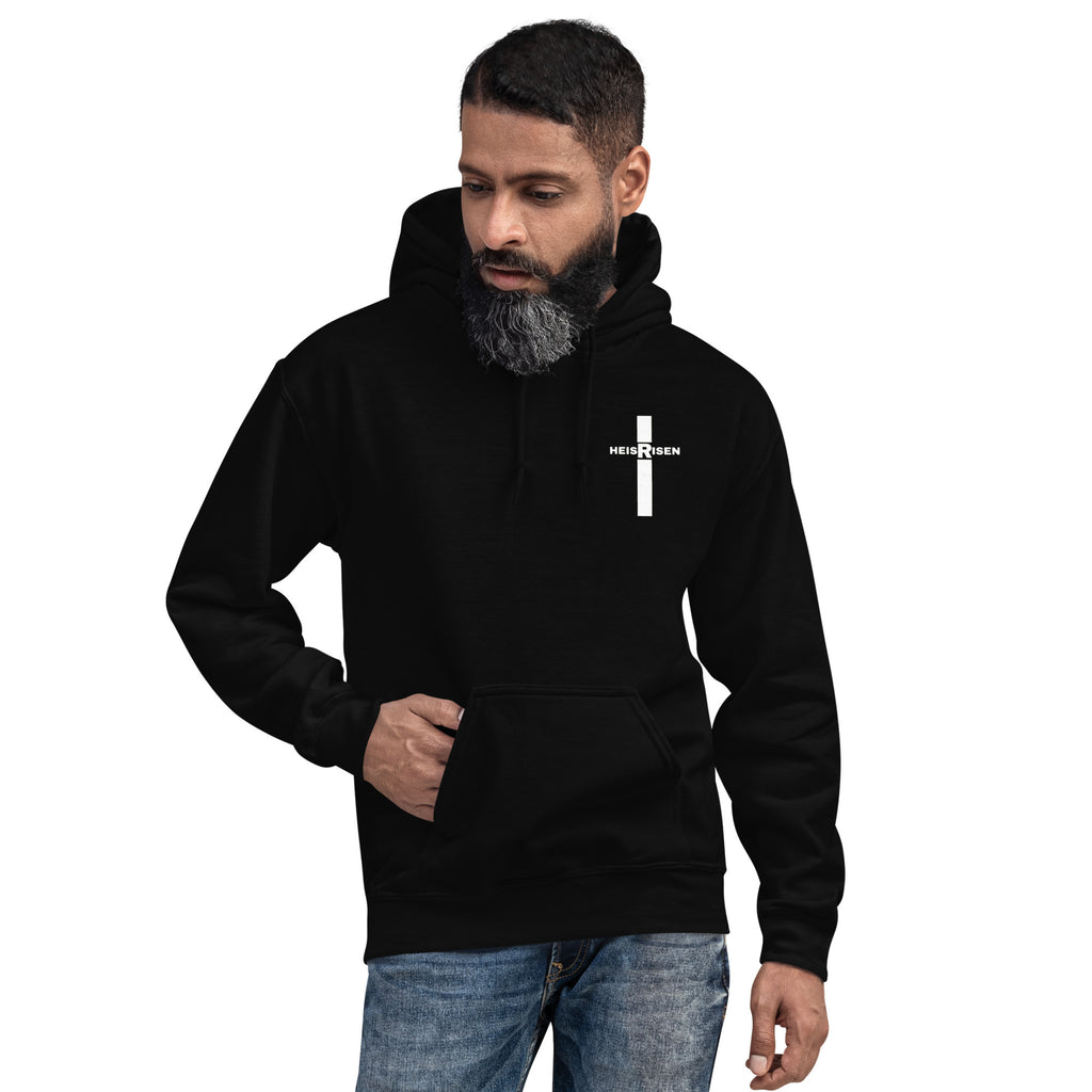 Black men’s Christian resurrection hoodie with He Is Risen and 1 Peter 1:3.