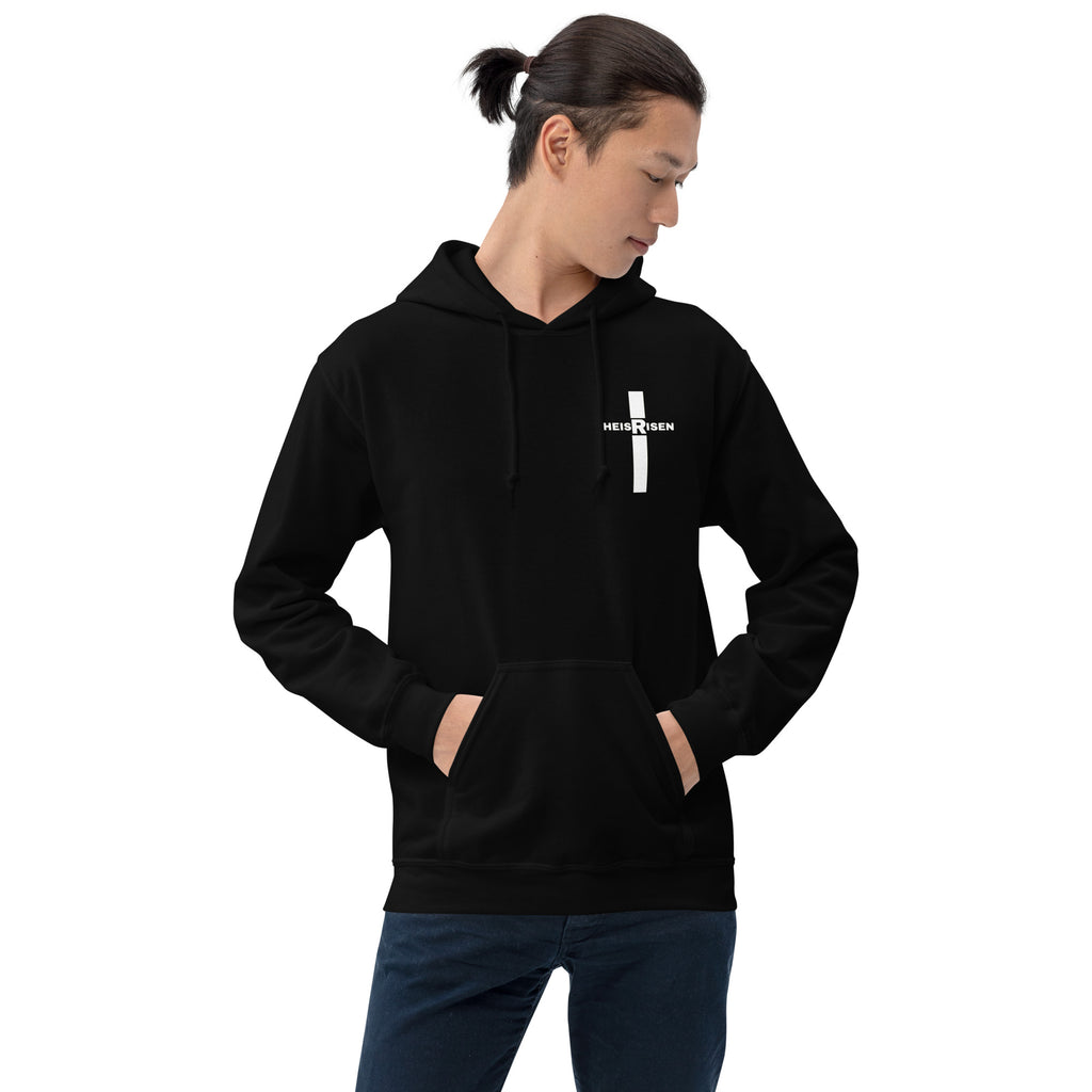 Black men’s Christian resurrection hoodie with He Is Risen and 1 Peter 1:3.