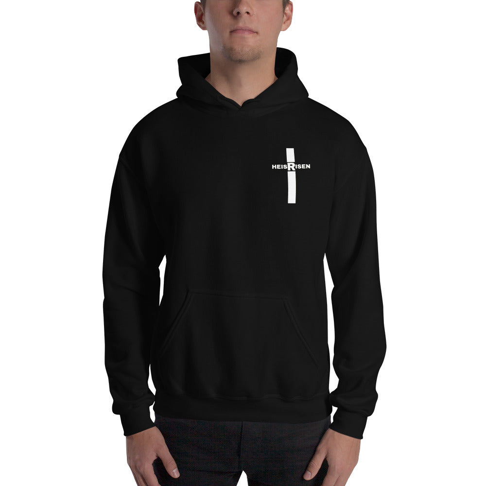 Black men’s Christian resurrection hoodie with He Is Risen and 1 Peter 1:3.