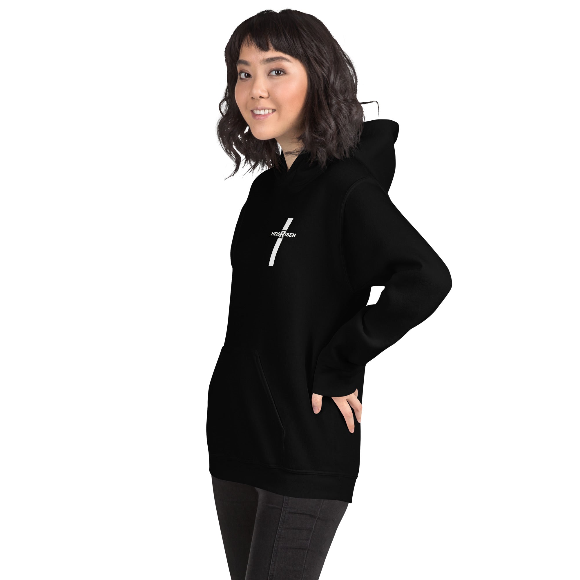 Black women’s Christian resurrection hoodie with Praise God for a Living Hope and 1 Peter 1:3.